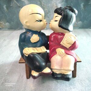 Vintage 1950 Asian Boy & Girl Kissing on Park Bench Salt & Pepper Set